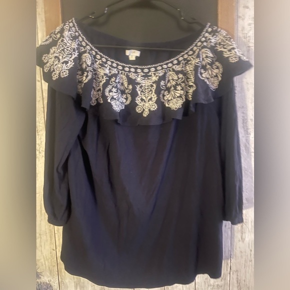 J. Jill Tops - J. Jill Navy Embroidered  Off The Shoulder 3/4 Sleeve Popover Top Women’s Medium